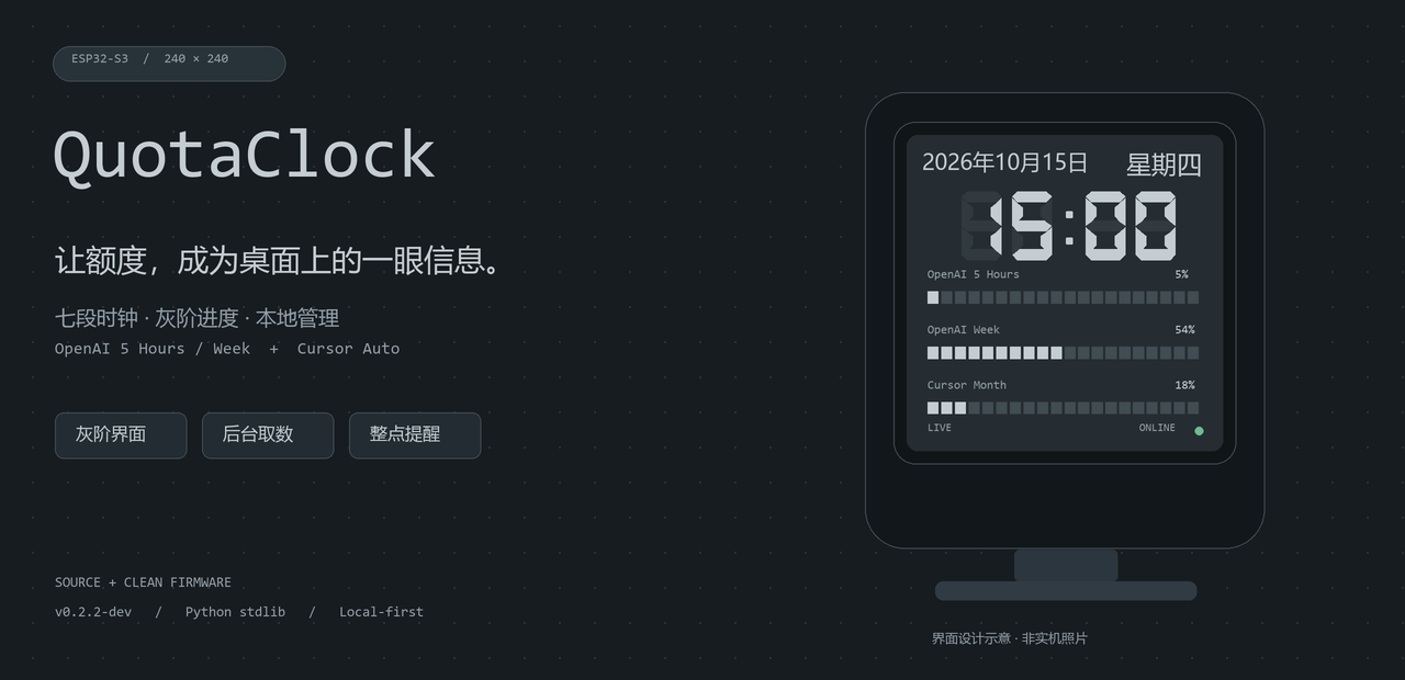 QuotaClock MONO 灰阶桌面时钟与三行额度进度设计示意